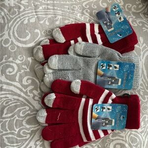Touchscreen-Compatible Red Stripe and Solid Grey Gloves. Set of 3 pair.